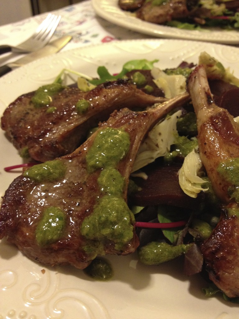 Grilled lamb chops with chimicurri over beet salad