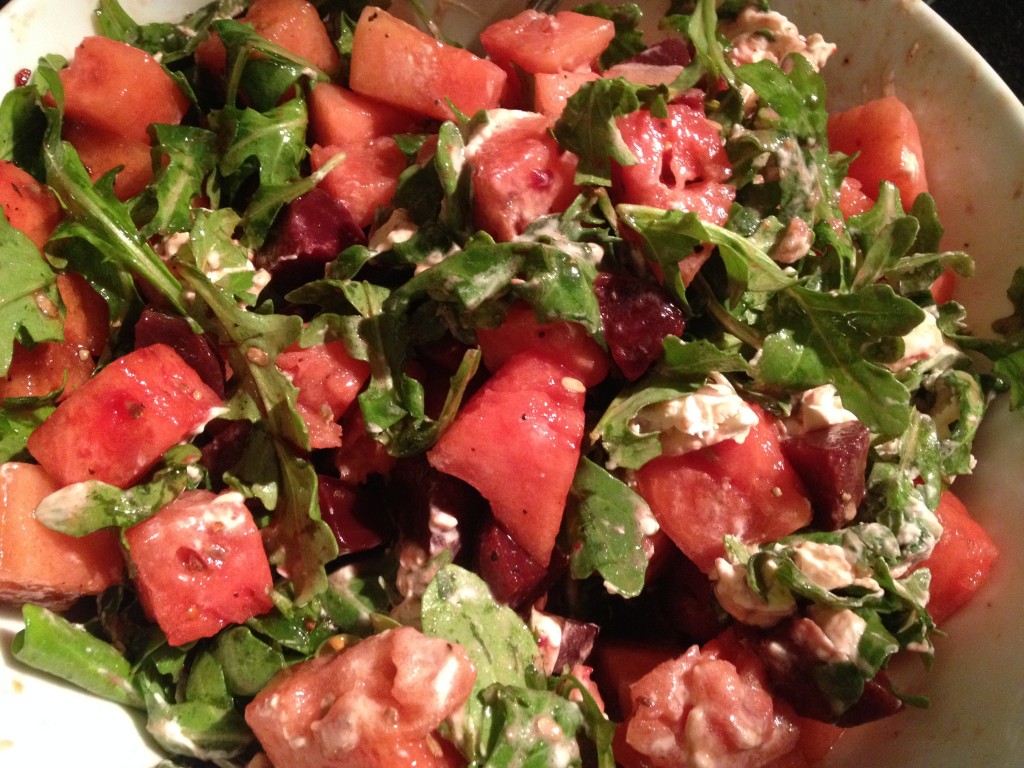 Watermelon and Beet salad with Goat cheese and arugula