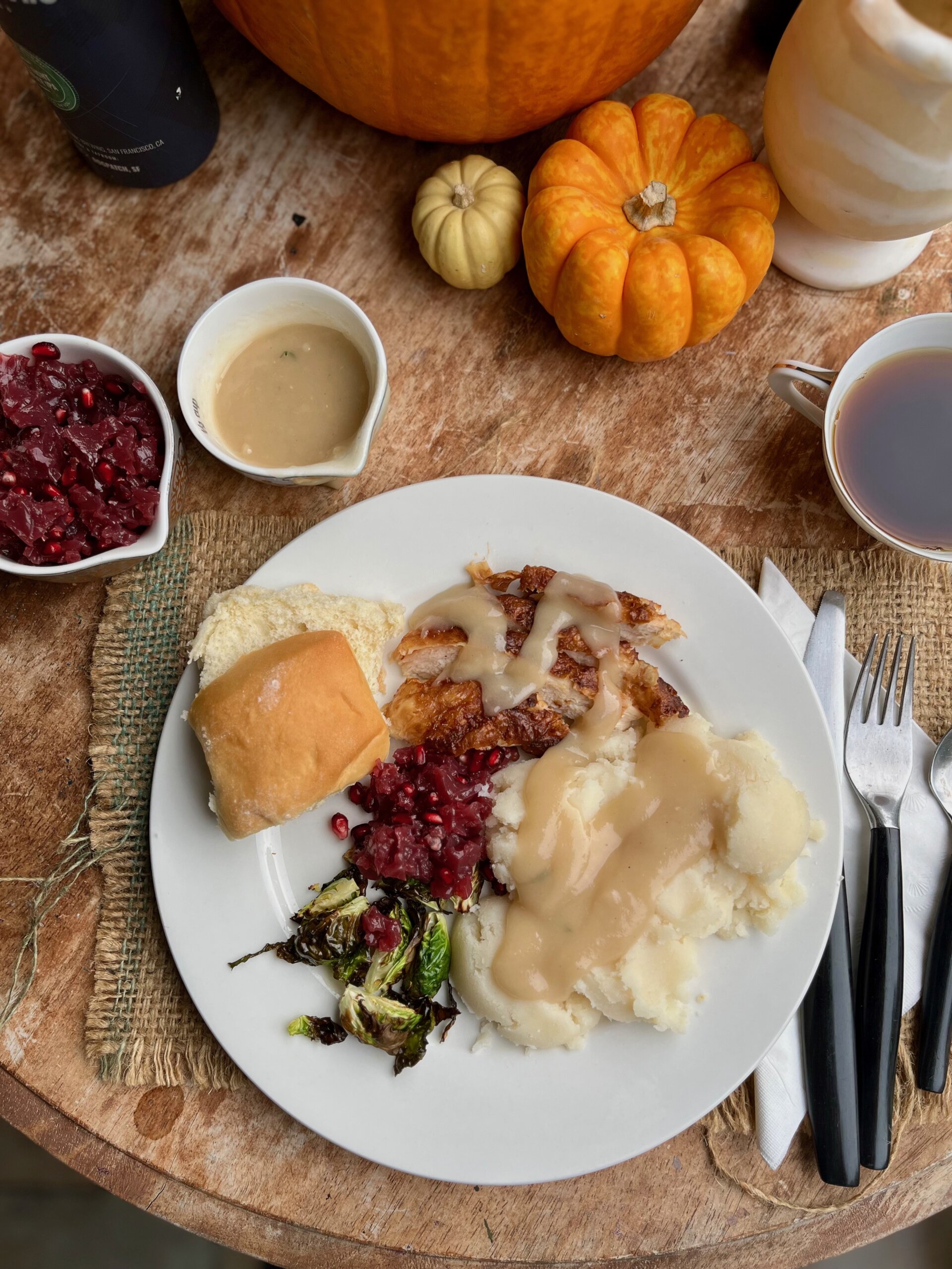 Anti-Inflammation Thanksgiving dinner with cassava flour gravy and no sugar added pomegranate sauce.