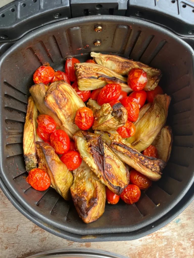 Air fryer eggplant and tomatoes prepared for Persian khoresht bademjan/bademjoon