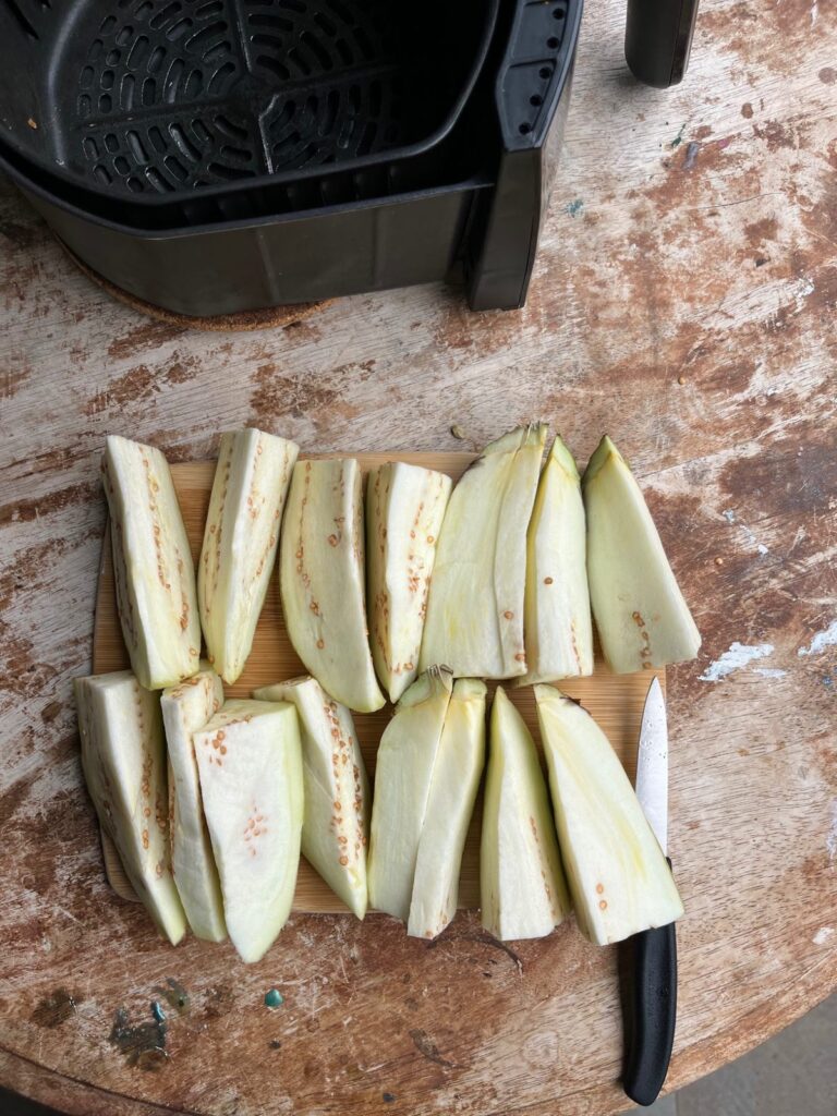 Eggplant cut into batons for Air Fryer Khoresht Bademjan