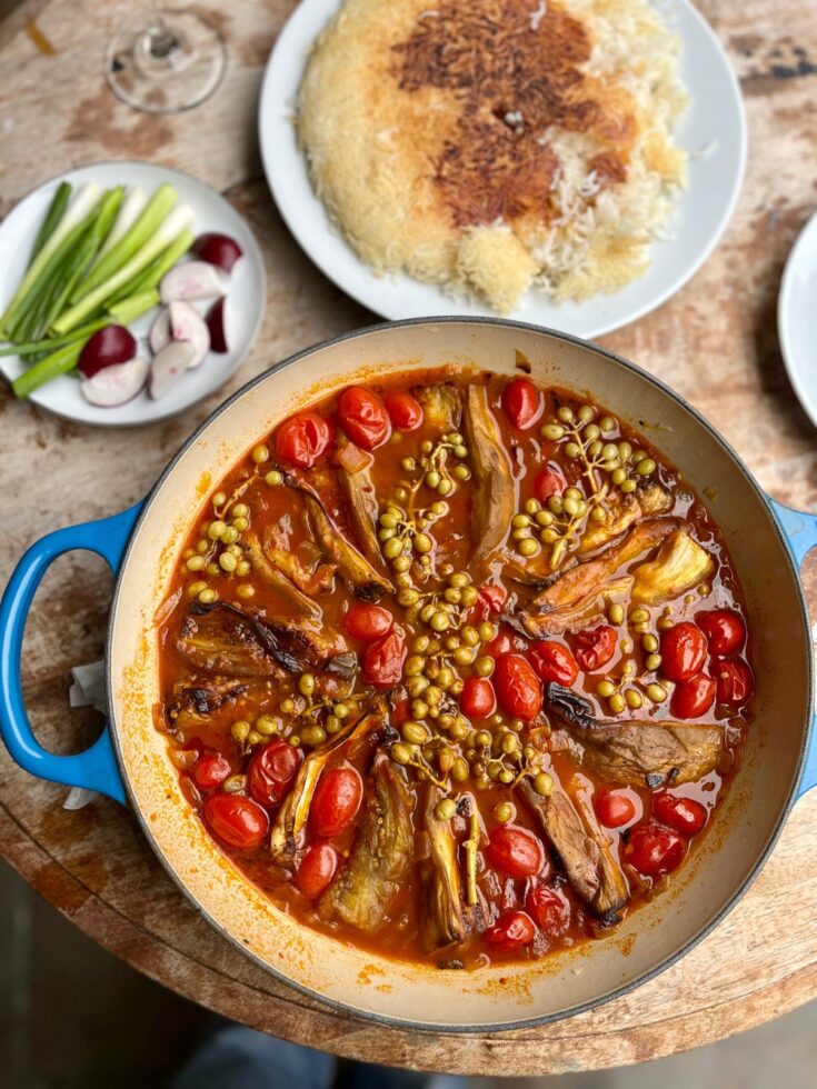 Air fryer Persian Khoresht Bademjan eggplant stew with tomatoes